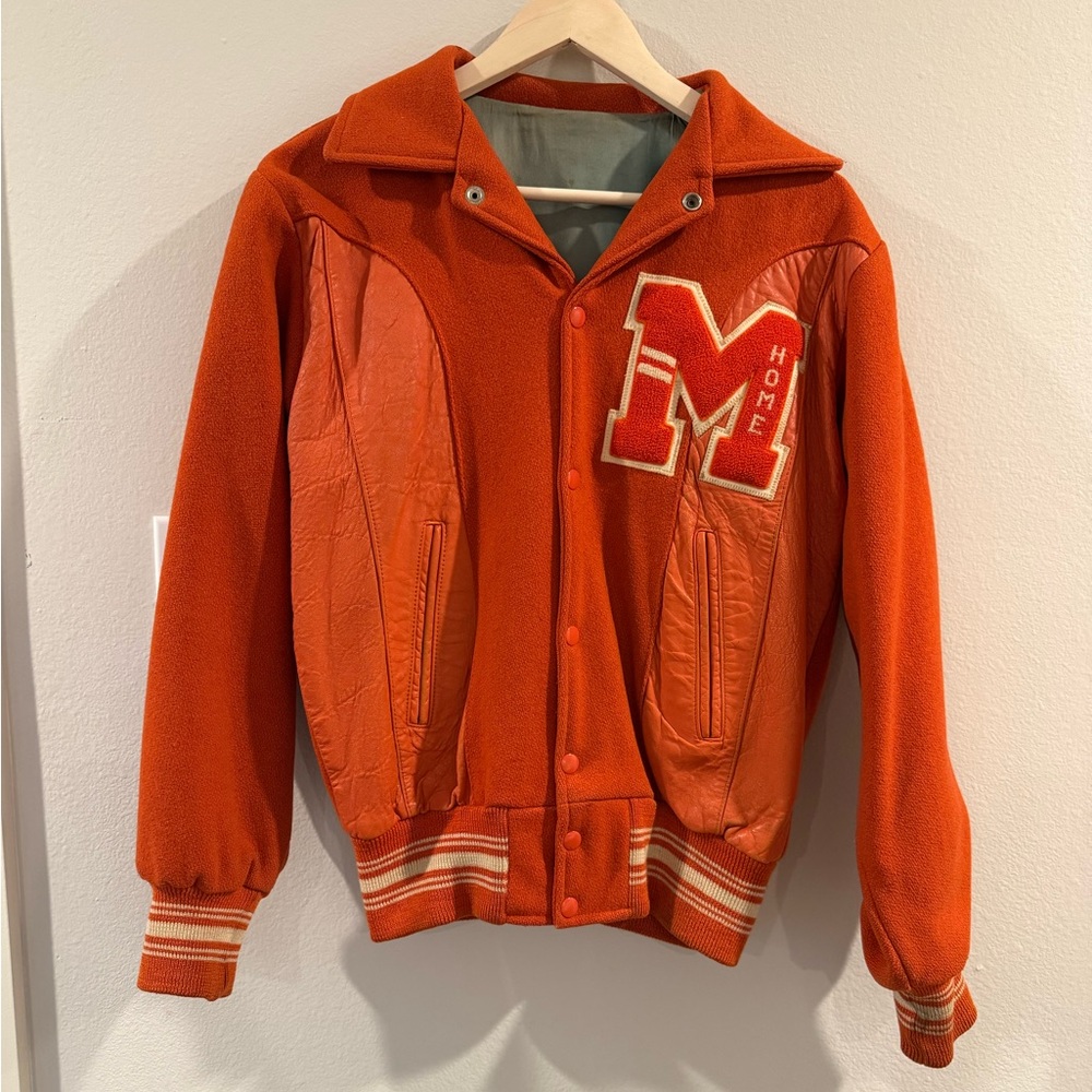 Vintage RETRO Orange Varsity Letterman Jacket Wool genuine Leather S